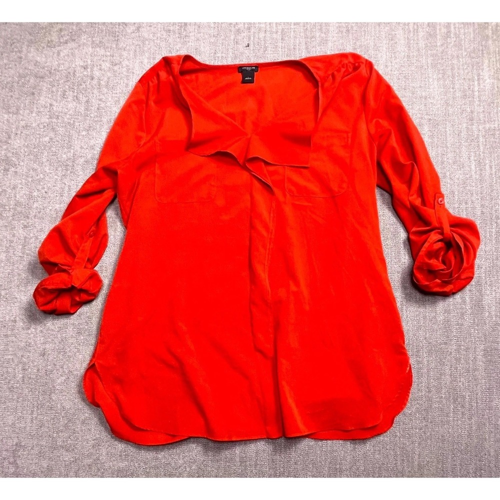 Ann Taylor Shirt Womens Large Red Ruffle Roll Tab Sleeve V-Neck Classic